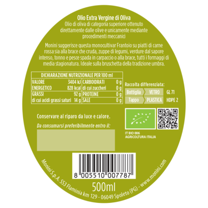 Olio Extra Vergine di Oliva  Monocultivar Frantoio - 1 Litro